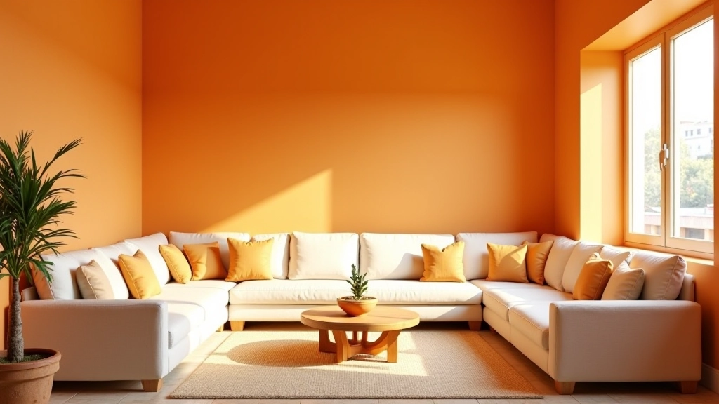 Sala de estar com paredes em tons quentes de ocre e móveis em madeira clara, luz natural suave