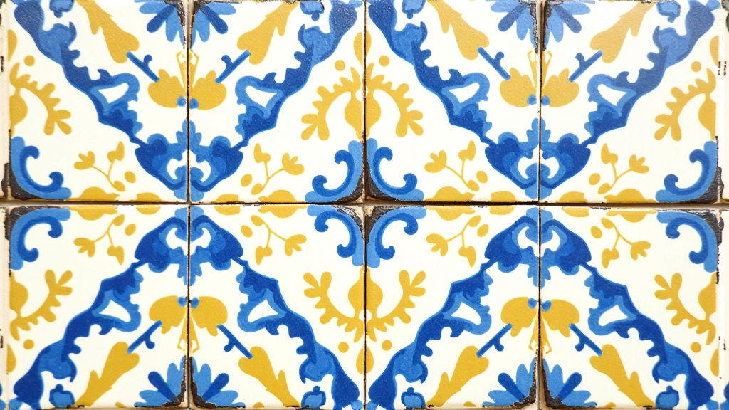 Detalhe de azulejos portugueses artesanais com padrões geométricos e cores vibrantes