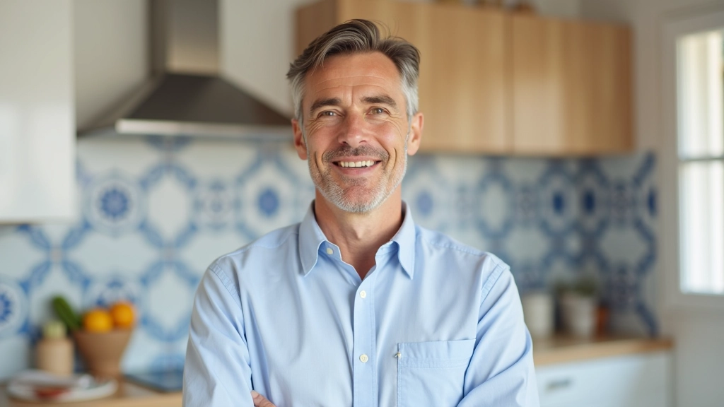 Homem em frente a parede com azulejos, expressão satisfeita, iluminação natural clara