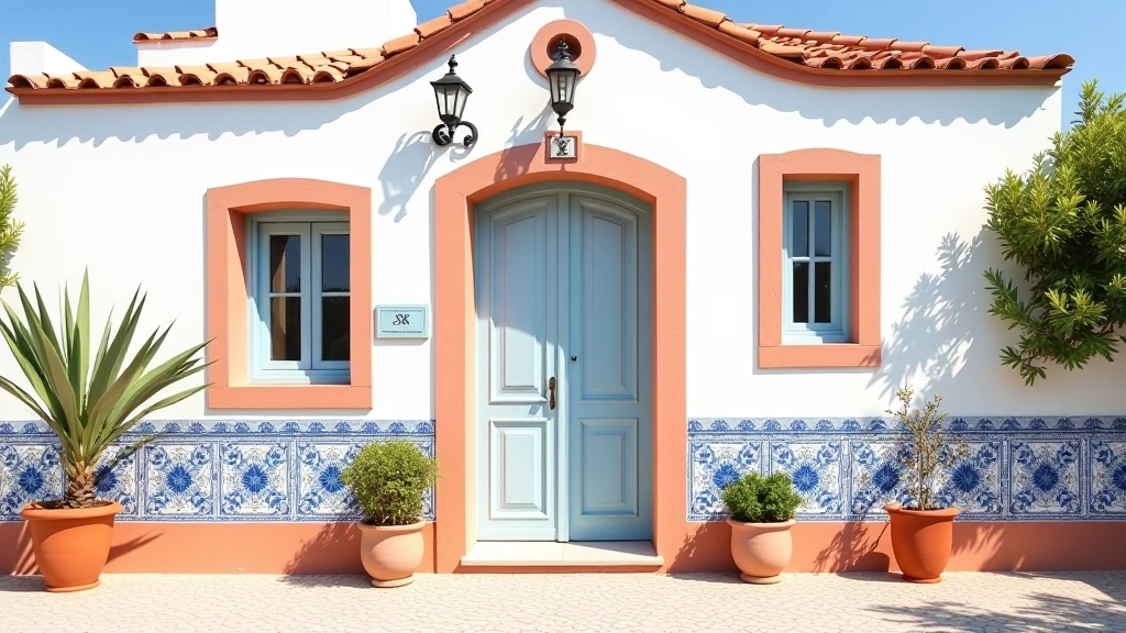 Fachada de casa portuguesa com cores quentes e azulejos tradiconais em padrões geométricos