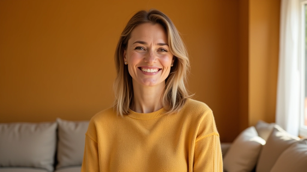 Mulher em sala de estar com cores quentes, sorrindo para a câmera, luz natural suave
